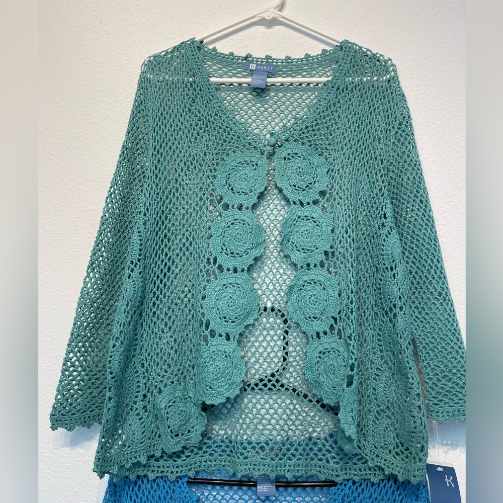 Koret Lot Loose Knit Womens Blue Resort Green Crochet Button Sweater Cardigan L - Picture 3 of 13